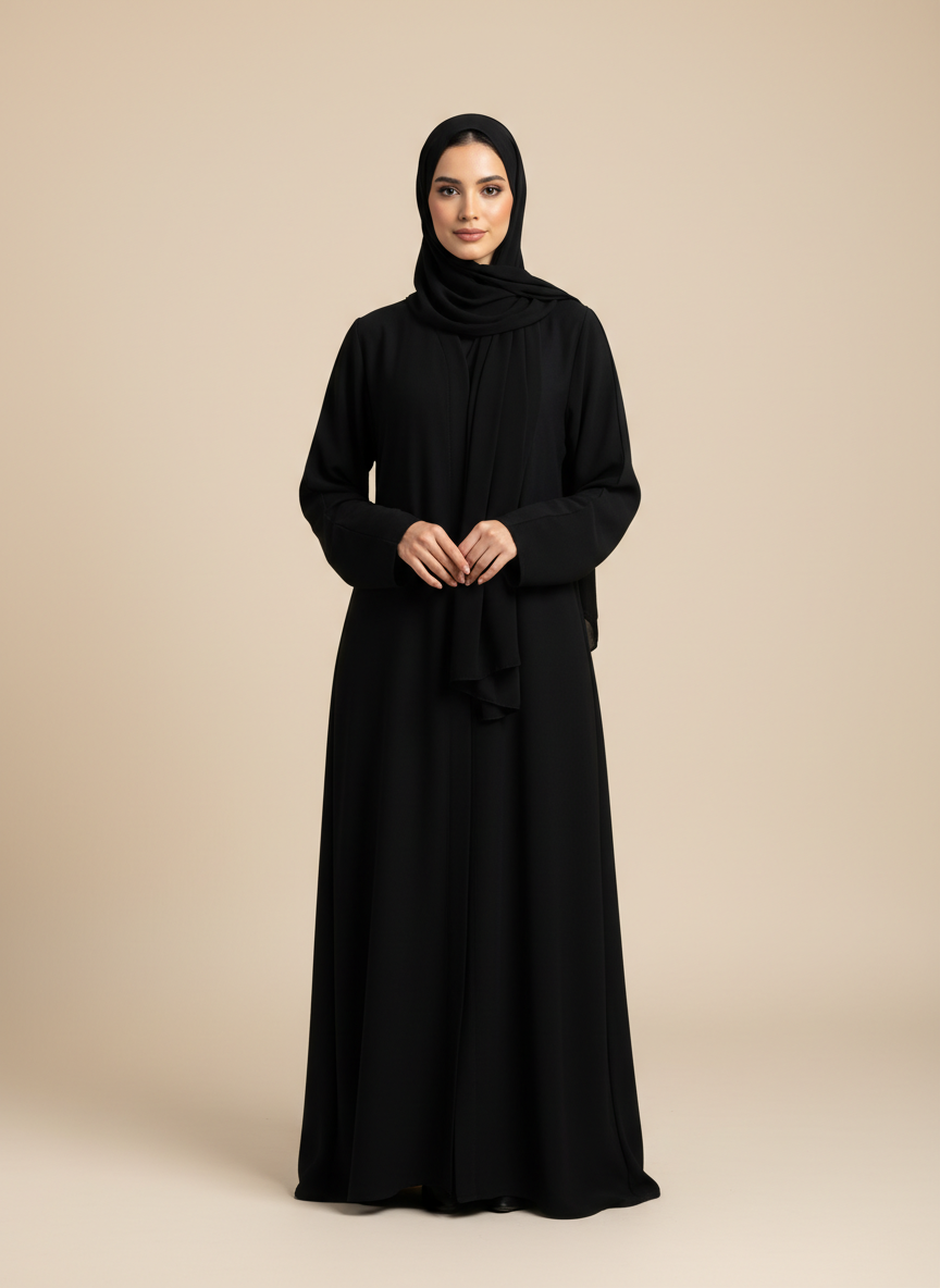 عباية سوداء كلاسيكية من قماش الكريب الياباني الفاخر