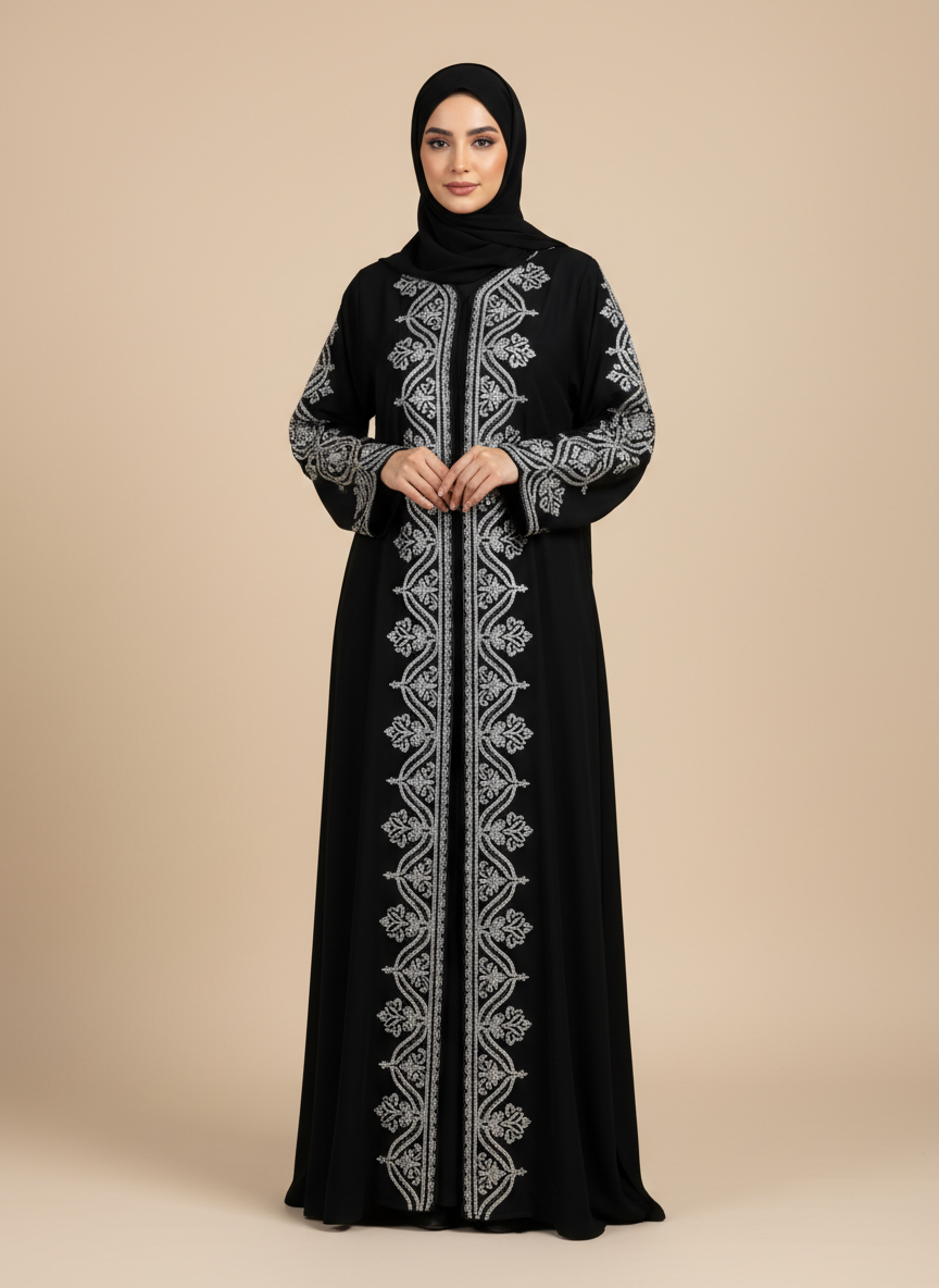 عباية سوداء ملكية بتطريز يدوي فاخر