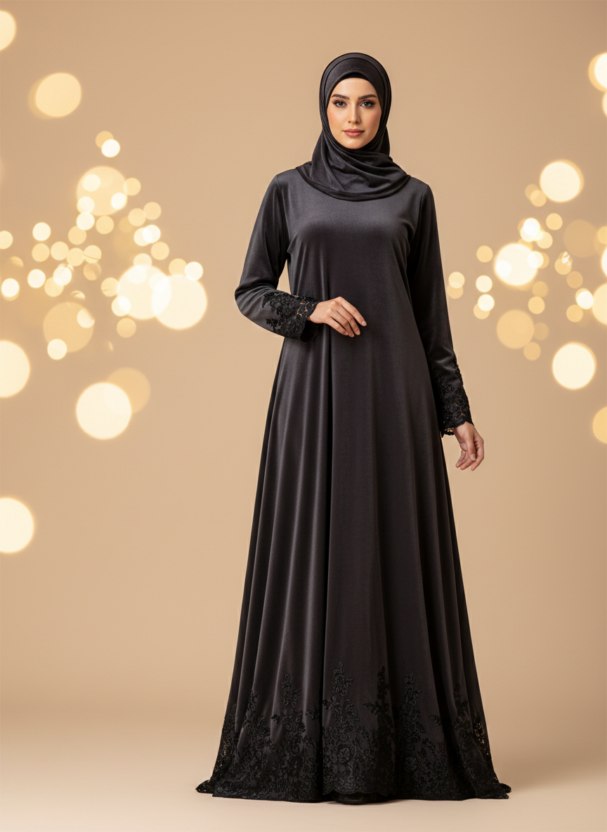 جلابية فخمة من المخمل المخرم بالدانتيل