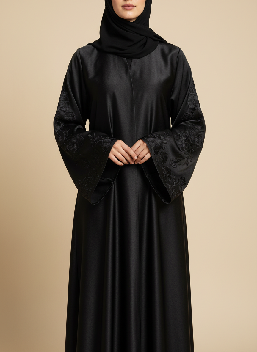 عباية سادة بتطريز مخفي على الأكمام وفخامة الحرير