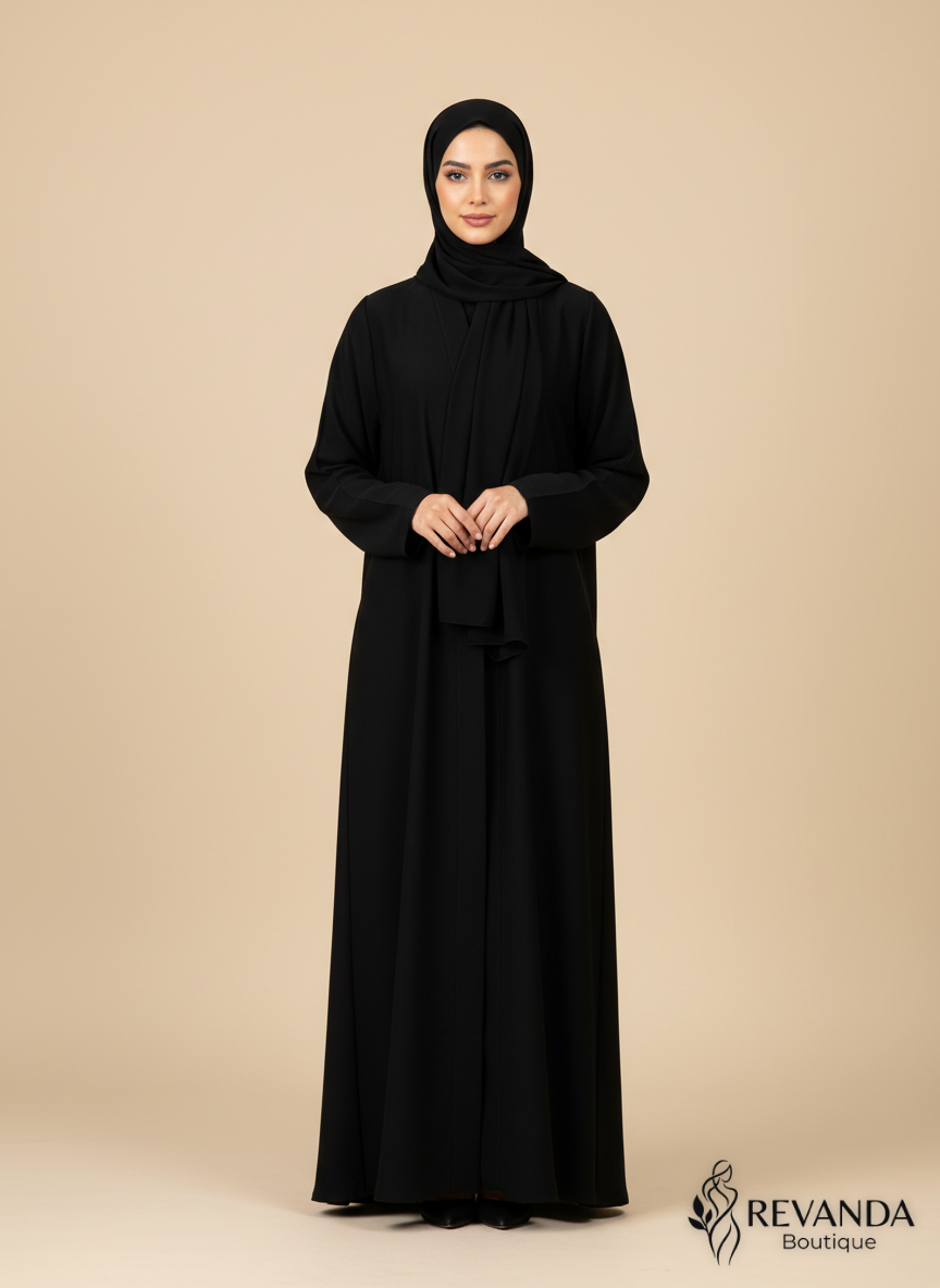 عباية سوداء كلاسيكية من قماش الكريب الفاخر