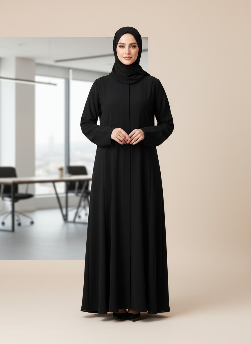 عباية سوداء بتصميم عصري وبسيط لإطلالة يومية
