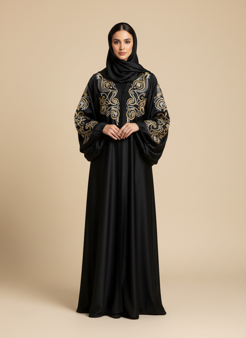 عباية سوداء مطرزة بخيوط الحرير الفاخرة