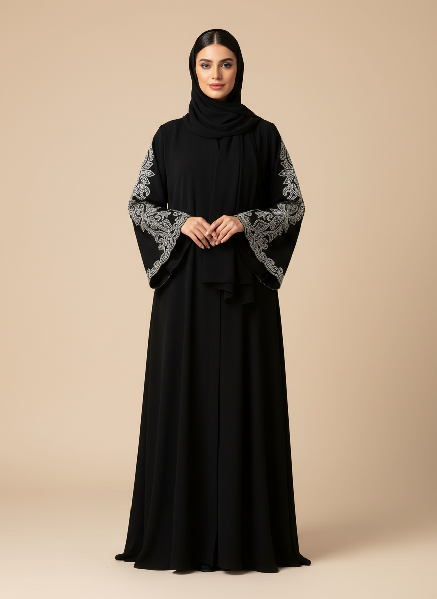 عباية كلوش ملكية سوداء بتطريز يدوي فاخر من ريفاندا