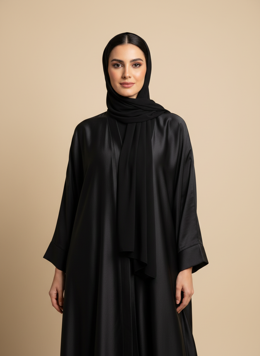 عباية سوداء كلاسيكية من قماش الحرير الياباني
