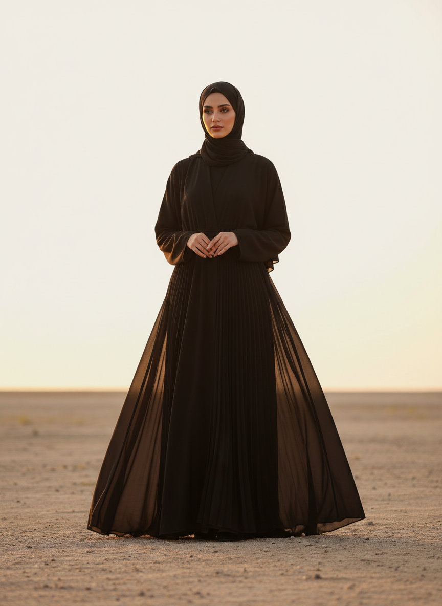 عباية سادة بكسرات ناعمة من قماش الشيفون المبطن