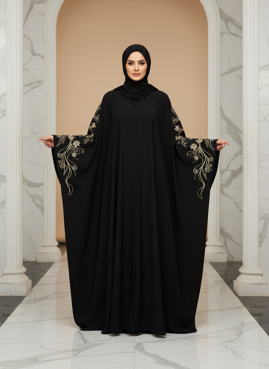 عباية كلوش كلاسيكية سوداء مطرزة بالأكمام