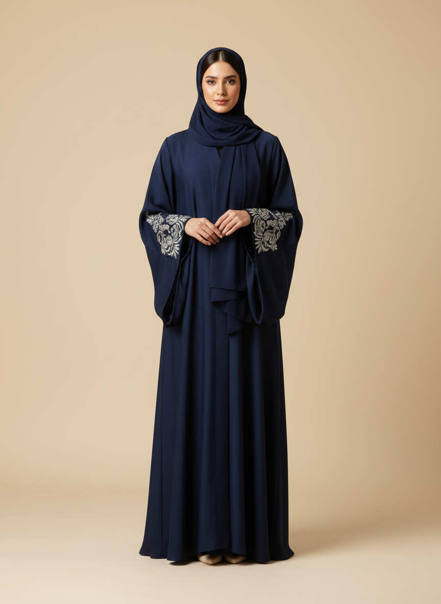 عباية كحلي مطرزة بخيوط الحرير الفضية