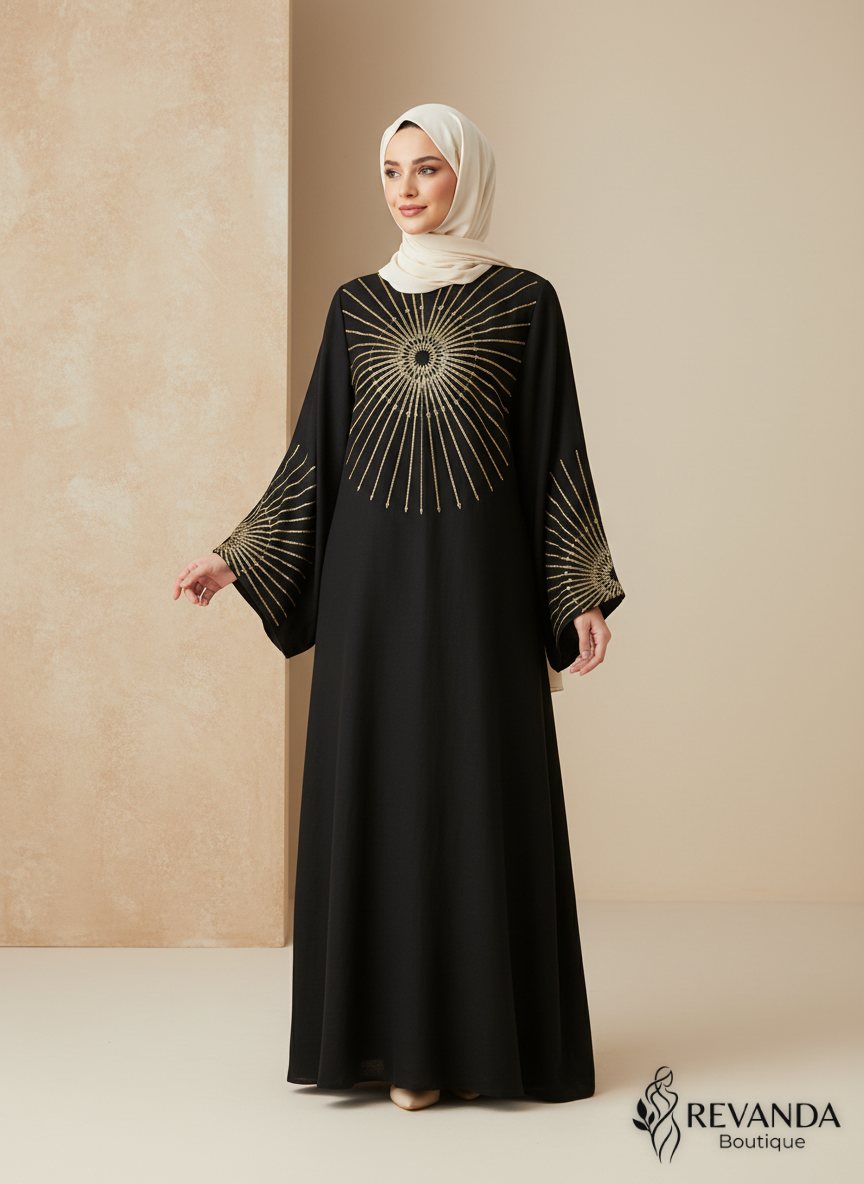 عباية سوداء من الكتان بتطريز هندسي ذهبي