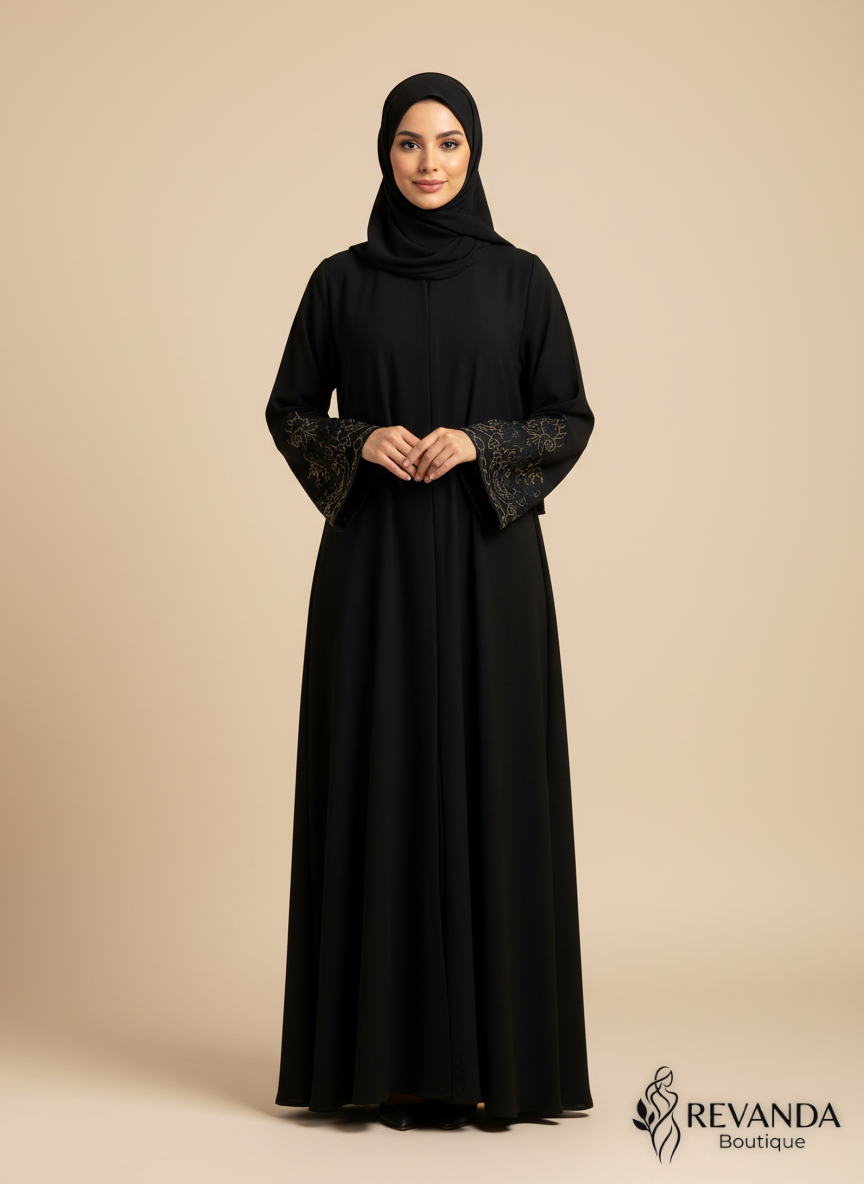 عباية سوداء كلاسيكية بتصميم ملكي فاخر