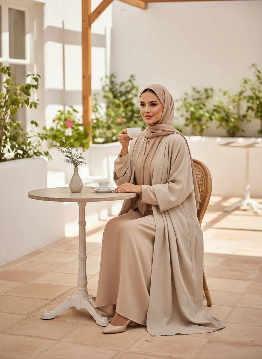 عباية كلوش يومية من الكتان الخفيف بلون بيج