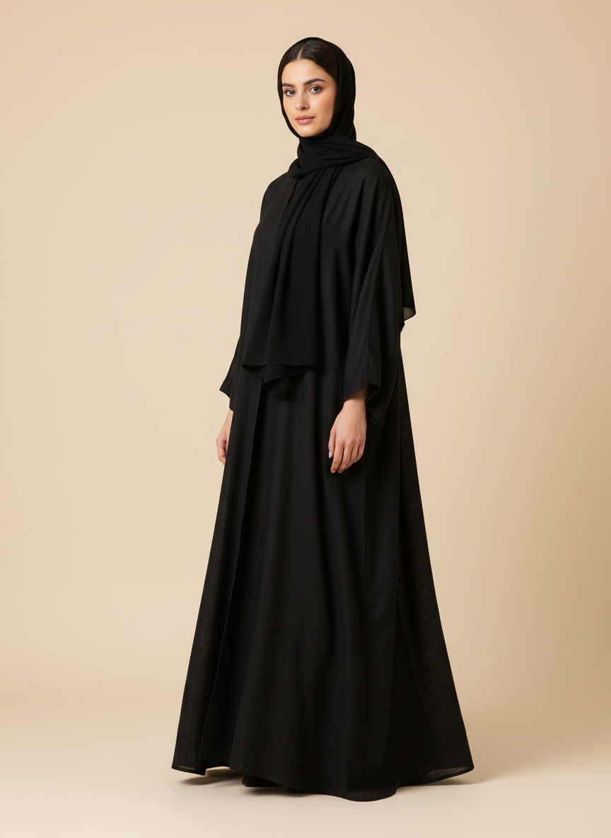 عباية سوداء من الكتان الطبيعي بتصميم صيفي بارد