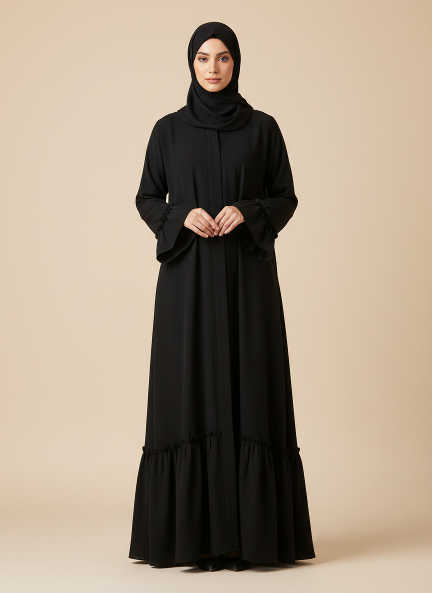 عباية سوداء بطبقات الكشكش لإطلالة أنثوية