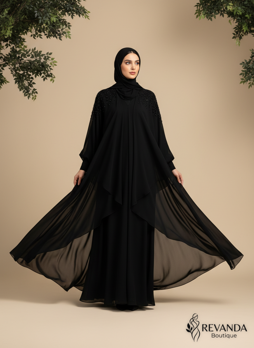 عباية سوداء بطبقات الشيفون وخرز يدوي