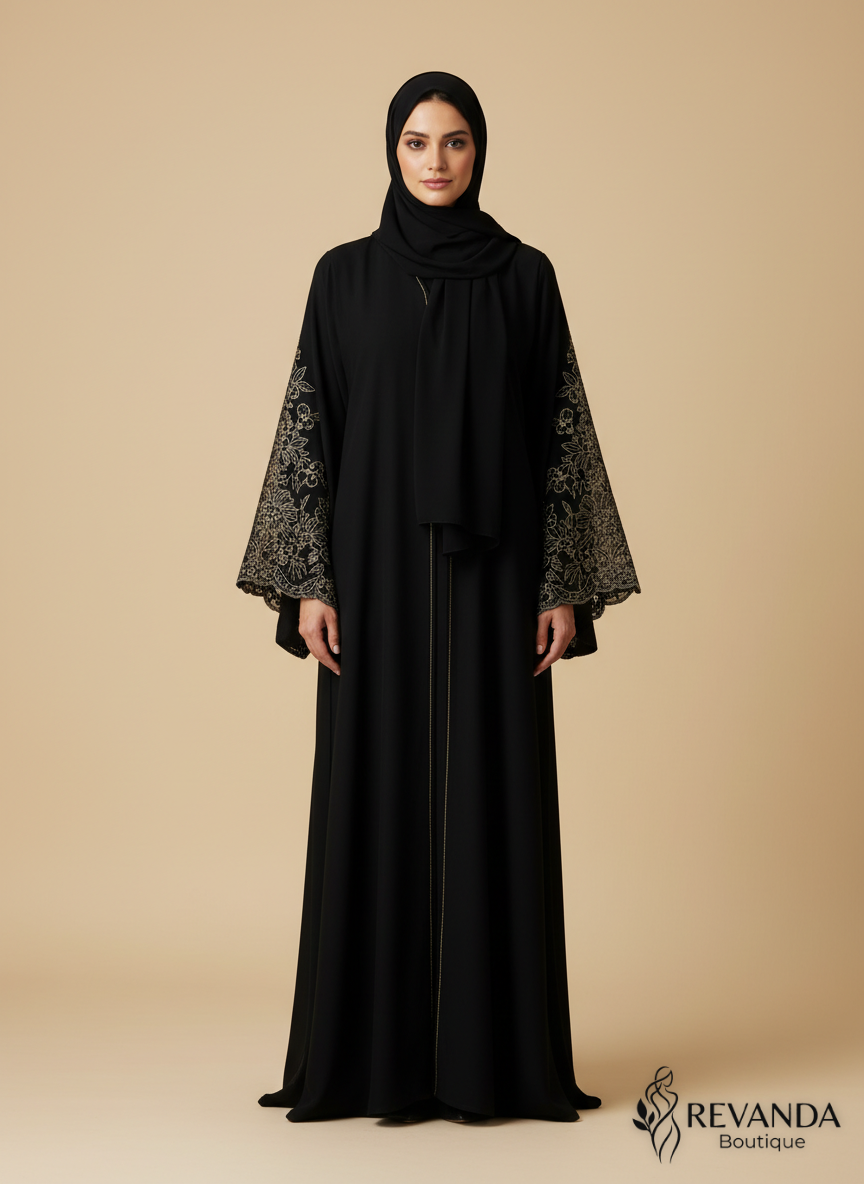 عباية سوداء مطرزة بالدانتيل الفرنسي الناعم