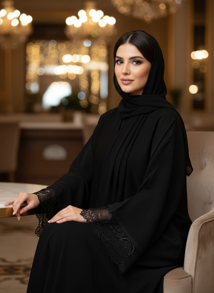 عباية سوداء مزينة بالدانتيل الفرنسي على الأطراف